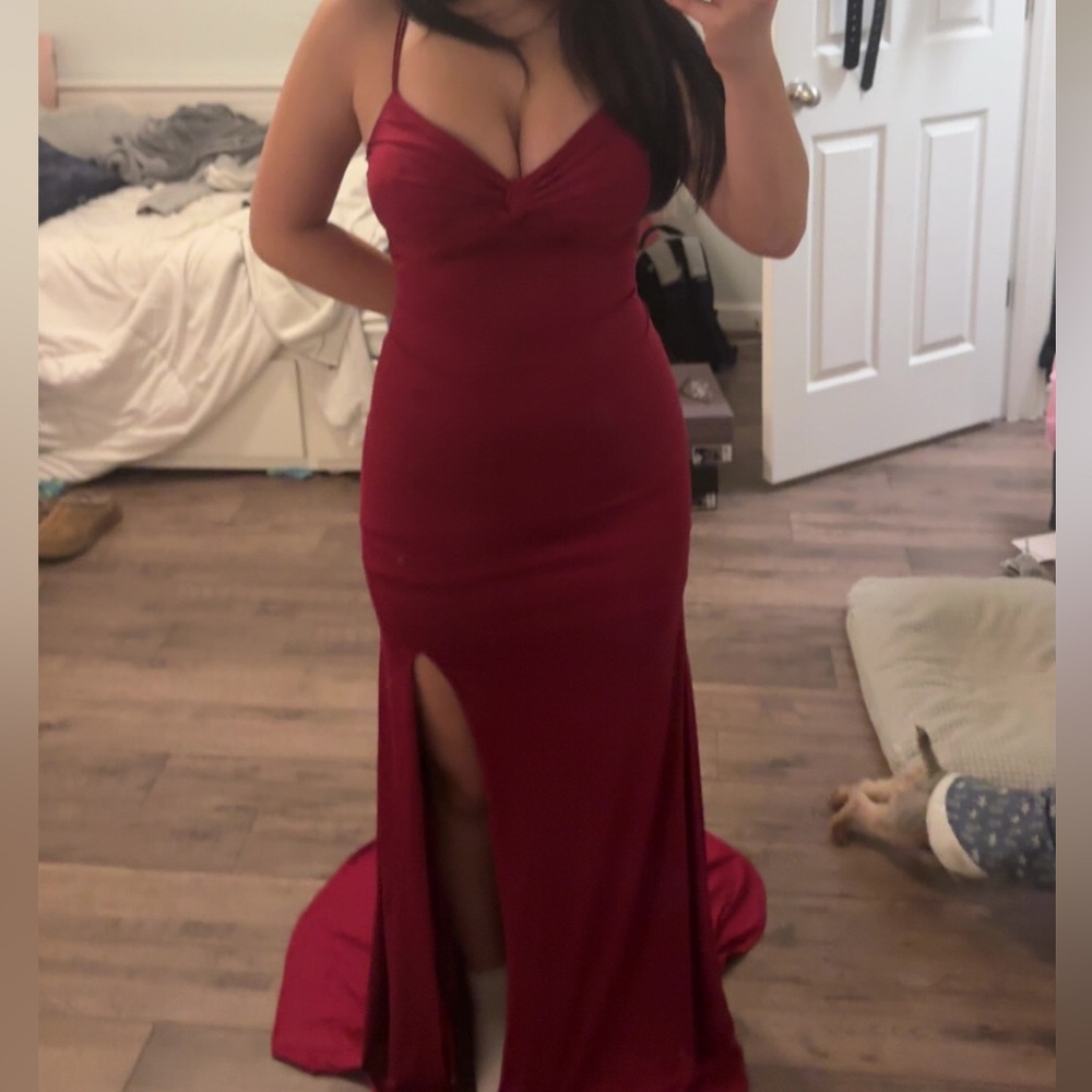 JJs house bodycon backless with slit burgundy red prom dress